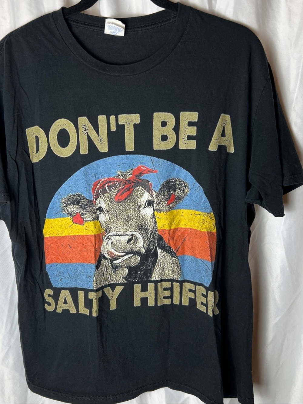 Port and Company Black Graphic Tee with Colorful Retro Cow Print
